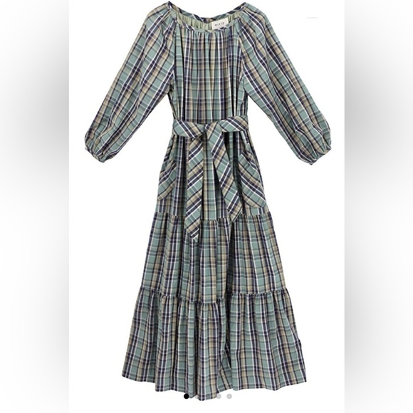 MIRTH Maxi Dress Medium Ostuni Ocean Plaid NWT Cotton Handloomed Pockets Belt - Picture 2 of 14